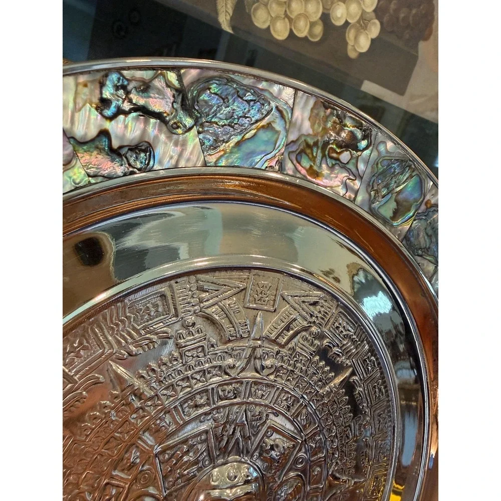 Vintage Aztec Calendar Wall‎ Plate - Alpaca Mexico Silver with Abalone Inlay